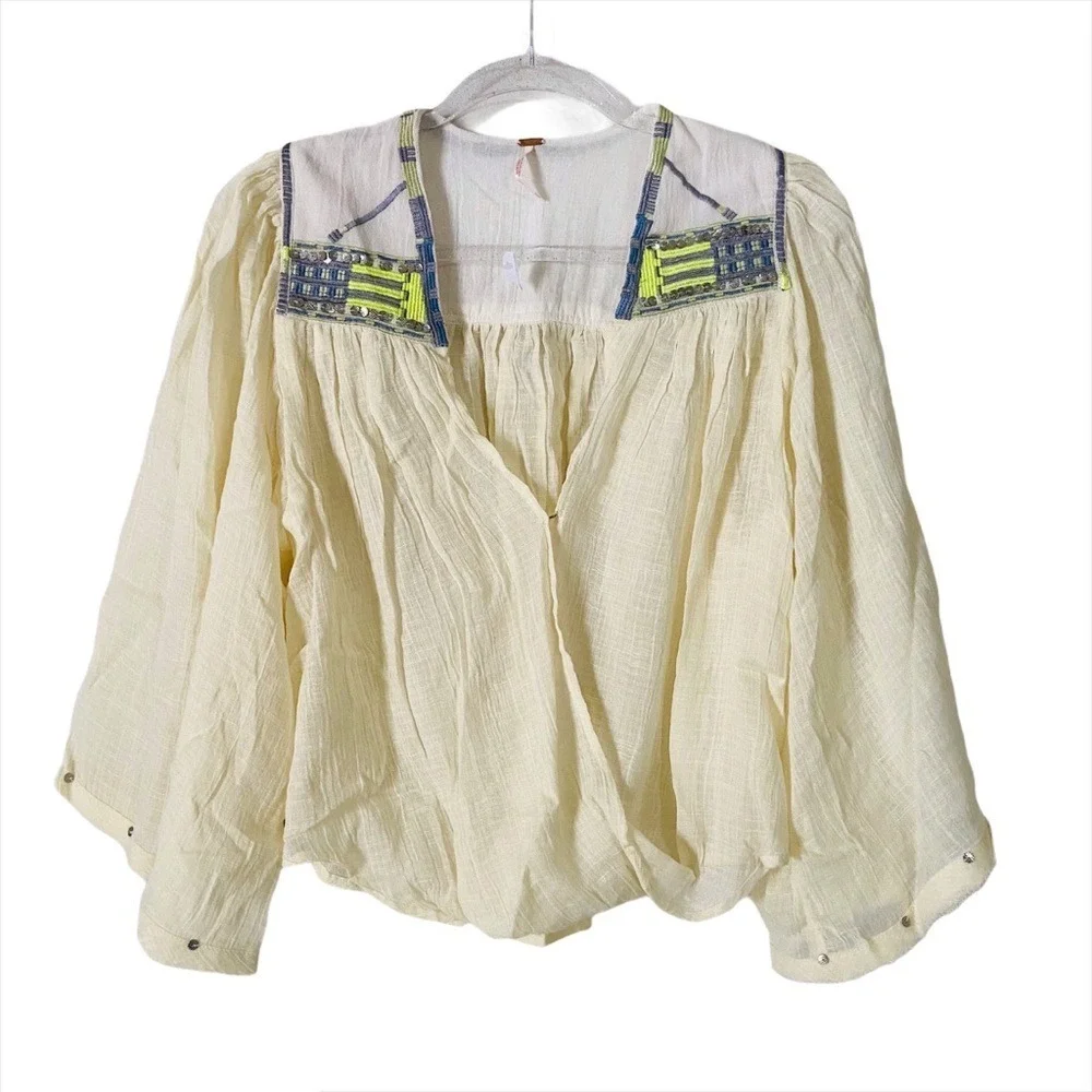 Free People Cream‎ Gauze Embroidered Sequin Boho Blouse Top XS